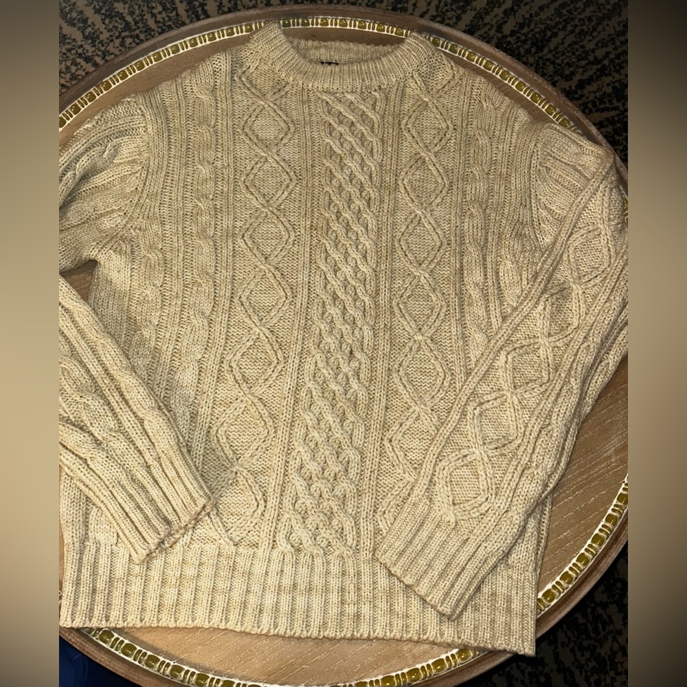 Vintage 1960s Womens Thane Cream Fisherman Cable Knit Chunky Sweater Sz Large
